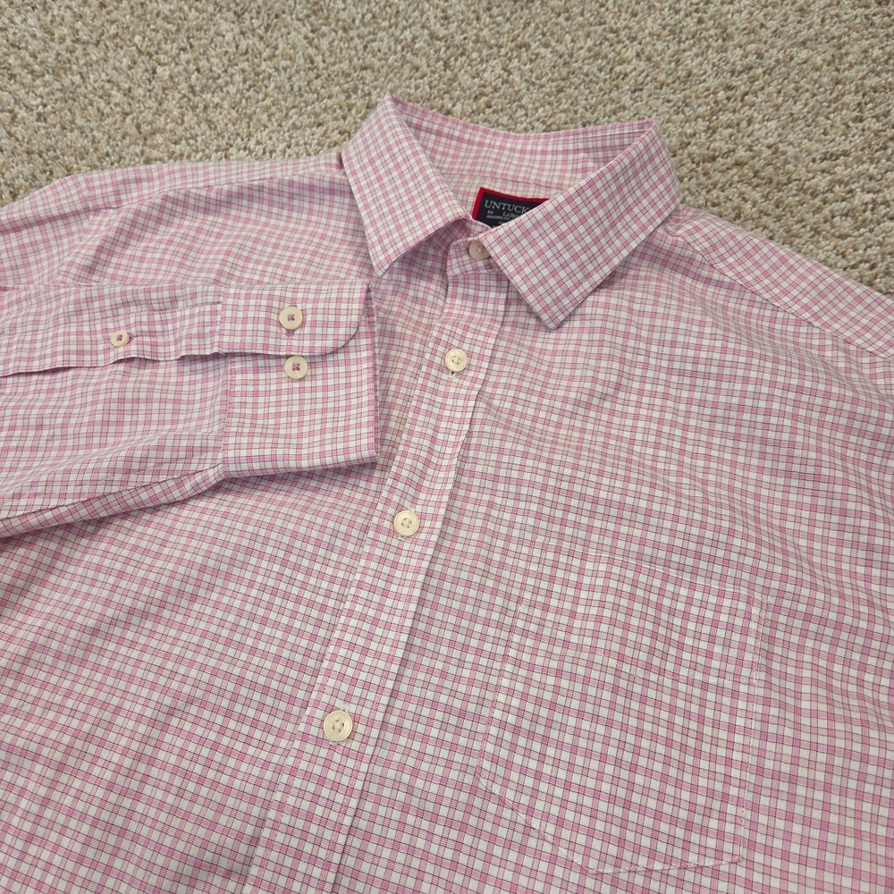 UNTUCKit Mens Large Relaxed Fit Wrinkle Free Pink White Plaid Cotton Dress Shirt